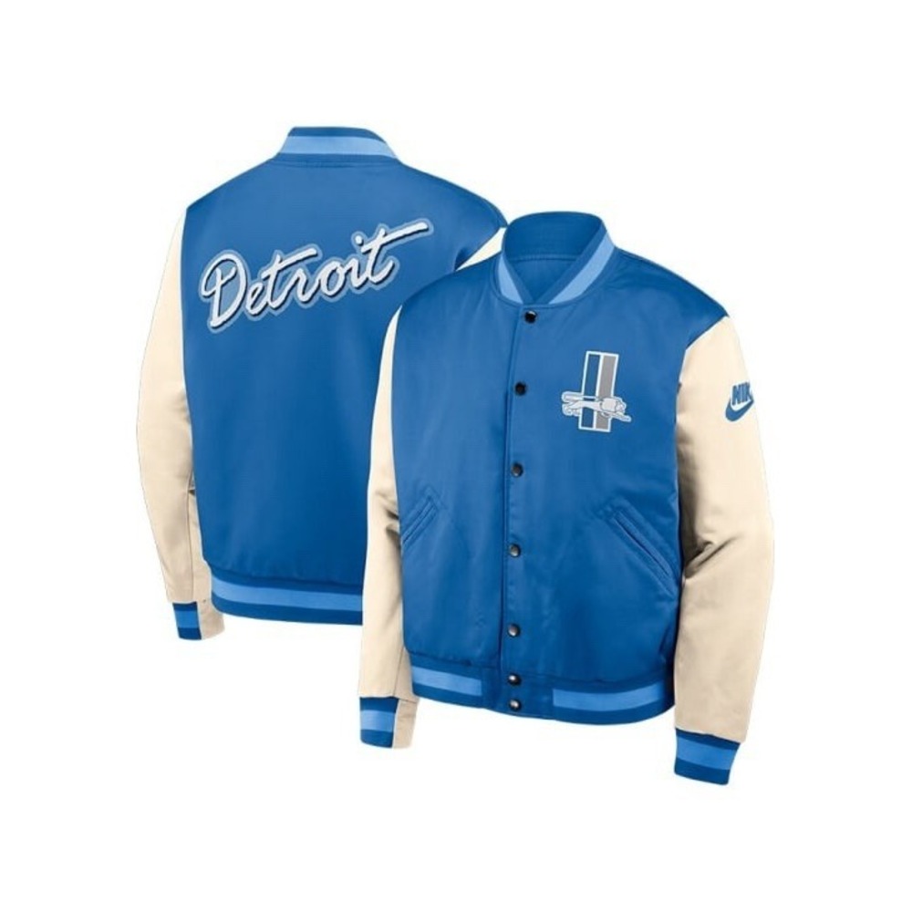Detroit Lions Men's L  Nike Rewind Legacy Snap Bomber Jacket  Blue/Cream Varsity